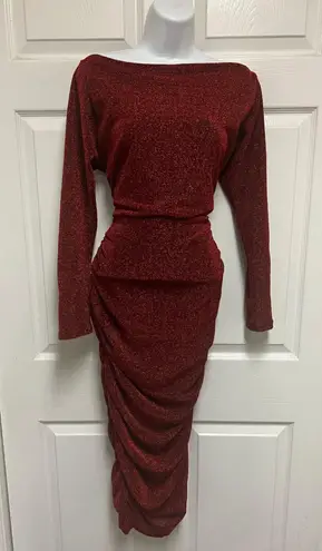 UNBRANDED Red Off Shoulder Glitter Bodycon Midi Party Dress Size M