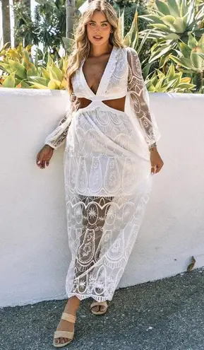 Women's White Cut out Lace Bubble Sleeve Lace Back Maxi Dress NWOT Size XL