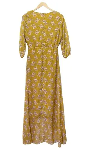 JessaKae Floral Cascading Ruffled Faux Wrap Midi Dress Mustard Blush Size Small Yellow