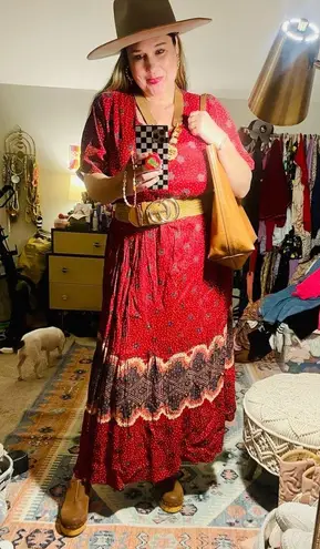 Vintage Red Patterned Boho Maxi Dress with Tie at Waist Size L Size L