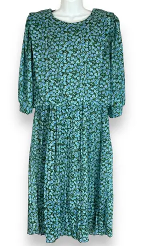 Vintage Blouson Dress Blue Roses Floral Pleated Skirt Women Plus Size Retro 90s