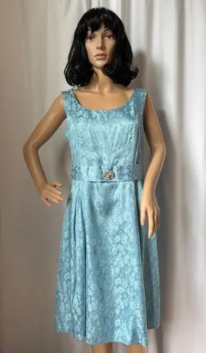 Vintage OOAK Jacquard blue sleeveless retro midi dress gemstone belt M Size M