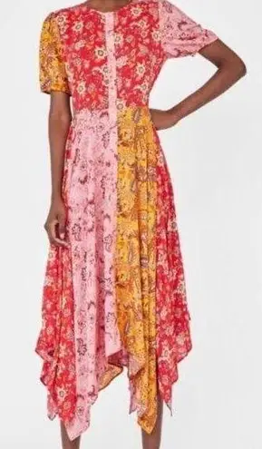 ZARA  Red Pink Paisley Patchwork Hankerchief Midi Dress Bloggers Fave Small