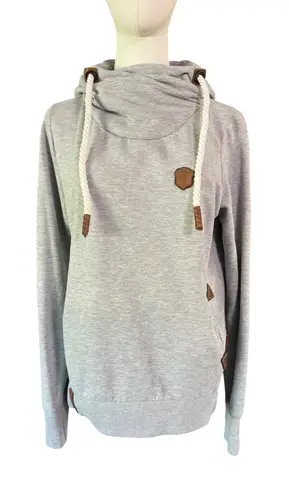 Naketano Women’s Gray Cowl Neck Hoodie Vegan Leather Trim Size L Pullover