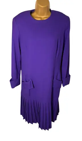 Bill Blass Vtg 80s 90s Pleated Hem Wool Dress Gold Button Cuffs Purple 12