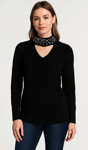 Belle by Kim Gravel Black Pearl Beaded Choker Cutout Sweater Women’s Size Small