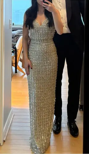 Mac Duggal #5394 GEOMETRIC EMBELLISHED CRYSTAL DROP VNECK GOWN Chandelier petite