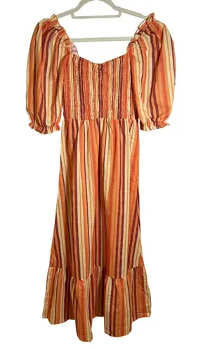 Charlie Holiday Striped Maxi Dress Smocked Puff Sleeve Orange Brown size 4