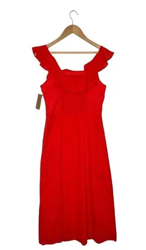 New Cremieux Dress Womens 4 Midi Smocked Back Ruffle Shoulder Summer Red Coastal