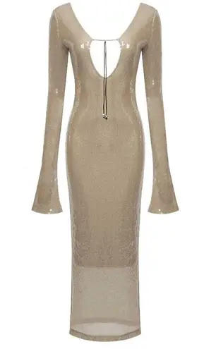 NWOT Meilun Deep V Dress Drawstring Long Sleeve Sequin Dress Long Gown, sz M Gold Size M