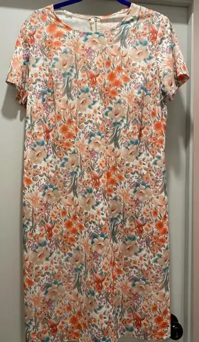 VTG Peach Orange Floral Print Short Sleeve Midi Dress