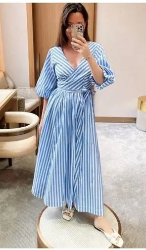 Staud Jodie Midi Wrap Dress Sea Stripe Size Small Bridal Wedding Guest Picnic Blue