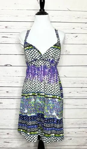 Self Esteem Purple & Blue Multicolor Crochet Back Boho Casual Mini Sun Dress Size Medium