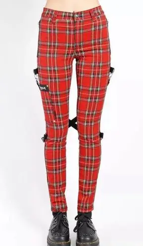 Tripp NYC  red black plaid Punk Goth Pants With Straps Size 26 Skinny Zippers y2k