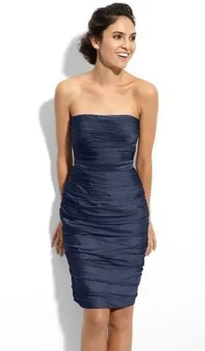 ML Monique Lhuillier Dress Womens 6 Ruched Strapless Cationic Chiffon Navy Blue