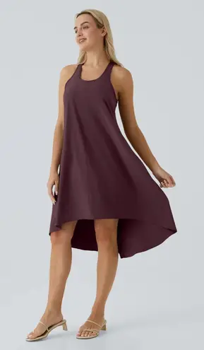 Halara Breezeful Racerback Dress Womens L Burgundy High Lo Midi Flowy Travel