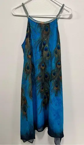 Indigo Soul dress! peacock feather print blue beach cover women’s size medium!