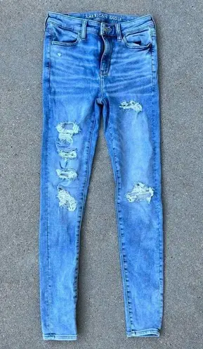 American Eagle AEO Super Hi Rise Jegging Size 2 Long Next Level Stretch distressed frayed jeans