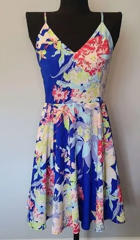 Yumi Kim Womens XS Floral Spaghetti Strap Fit & Flare Mini Dress Blue Pink