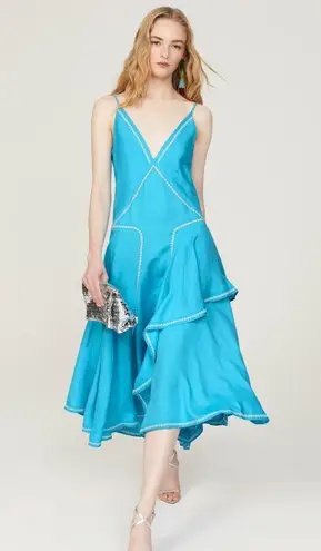 ESTEBAN CORTAZAR COLLECTIVE Aqua Hourglass White Stitch Midi Dress Size Medium Blue