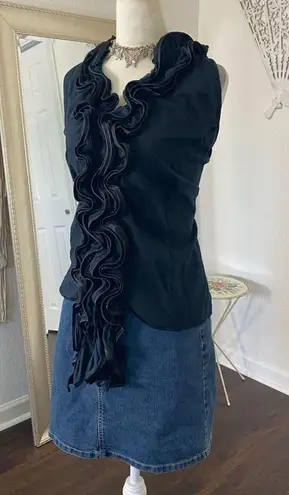 Early 2000's Black Cotton Ruffle Frilly Gothic Halter Top Plus Size 2X / XXL