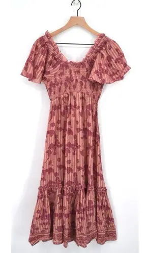 Cleobella  Ashlyn Midi Dress Smocked Floral Metallic Batik Print Pink Women's XS