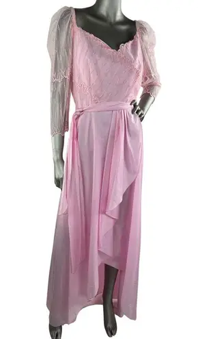 Vintage 1980s Pink Maxi Dress with Mesh and Embroidered Bodice Medium