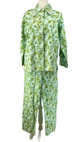 Vintage 70s Paisley Sleep Set Petite Psychedelic Dagger Collar Green Pajamas Size L