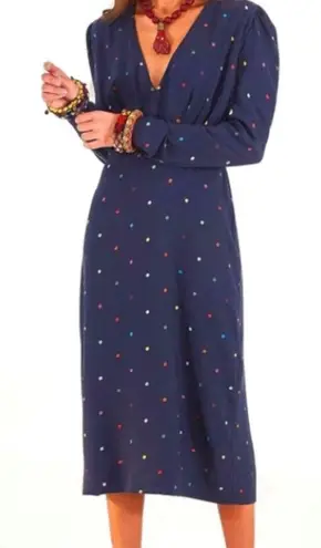 Farm Rio Lucy Dots V-Neck Dress Navy Colorful Long Sleeve Shift Size Small NWT