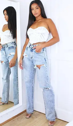 Pretty Little Thing petite ice blue distressed split hem jeans thumbnail 4