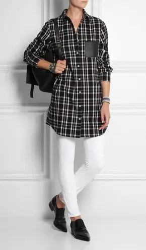 Maje Majé Grunge Leather Trimmed Black & White Plaid Flannel Shirt Size Large 12/14