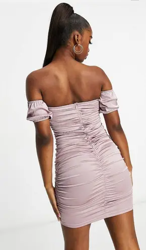 Parisian Satin Off-shoulder Bodycon Dress in Lilac