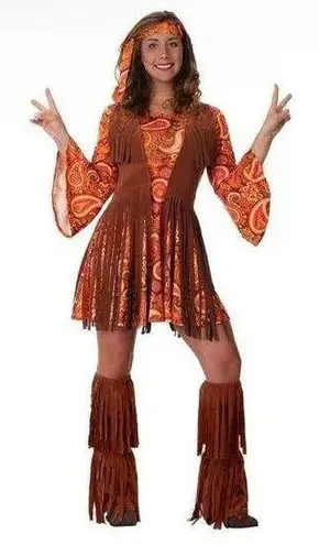 Fringe Hippie Costume for Women dress and boot covers, nwt Size L