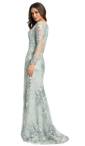 Mac Duggal 67539 Sea Mist Embellished Illusion V Neck Long Sleeve Gown 14 $698