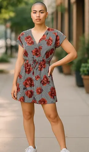 Speed Control New York zipper front striped floral dress. Brass hardware Black