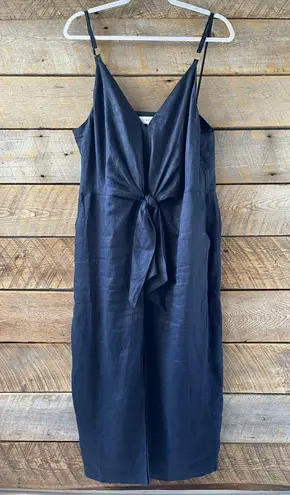 Reiss Kay Tie Detail Navy Linen MIDI Dress Size 12 Quiet Luxury Preppy Wedding