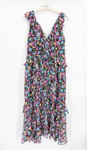 AMUR Evita Silk Multicolor Floral Print Chiffon Ruffled V