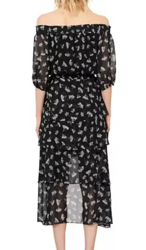 Maje Floral Off Shoulder Hi Low Black White Asymmetrical Midi Dress US M l FR 38