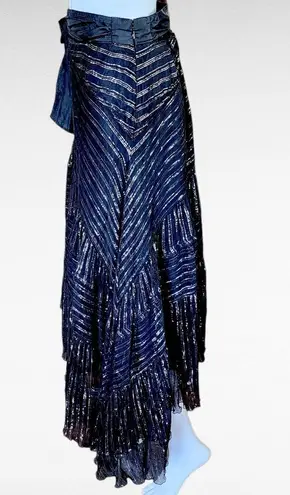 WD•NY WD.NY Black Metallic Diagonal Stripe Assymetric Hem Silk Midi Skirt Size 6