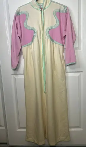 Vintage Bill Tice Robe Full Zip Long Sleeve House Dress Lounge Wear Pink Cream Size M