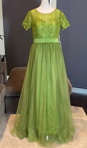 Women’s Full Length Tulle & Lace Sort Sleeve Dress with Zip Up Back Size 12 NWT Green