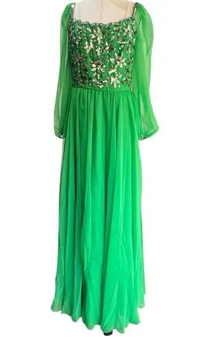 Victoria Royal Ltd 1960s Green sequin & Beaded Vintage Gown Dress sheer sleeves Size M