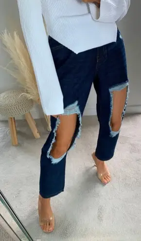 Parisian NWT Jeans Womens 10 Dark Wash Distressed Open Thigh Raw Hem Y2K Baddie