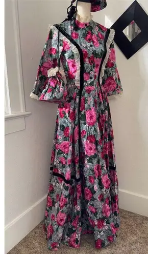 Handmade STUNNING Vintage Victorian Floral Dress Sun Hat Set Handbag Womens Sz S