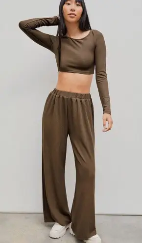 Cider NWOT Set Solid Knitted Ribbed Crop Top Long-Sleeve and Wide Leg Pants