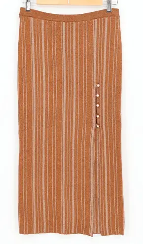 LPA Revolve Vance Midi Knit Skirt Metallic Stripe Bronze Gold Pearl Size S