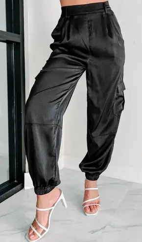 Nana Macs Black Cargo Satin Joggers High Waist Pockets Large