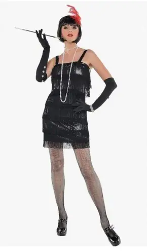 Amscan Tassel Fringe Flapper Halloween Costume Party Dress Blk Silver Medium 6