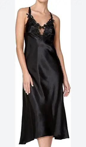 Flora Nikrooz Stella Slip Dress Black Satin Lace Trim Whimsigoth L NWT Elegant Size L