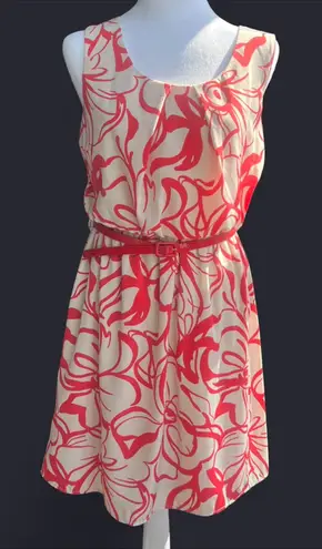 Poema Floral Swirl sleeveless Coral Red dress with belt made in the USA size S